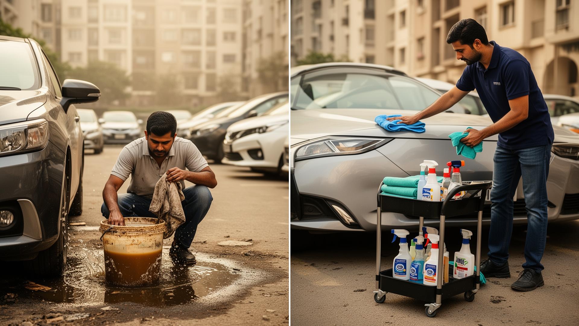 Comparison of traditional cleaner with dirty bucket vs CarSakha professional with clean kit