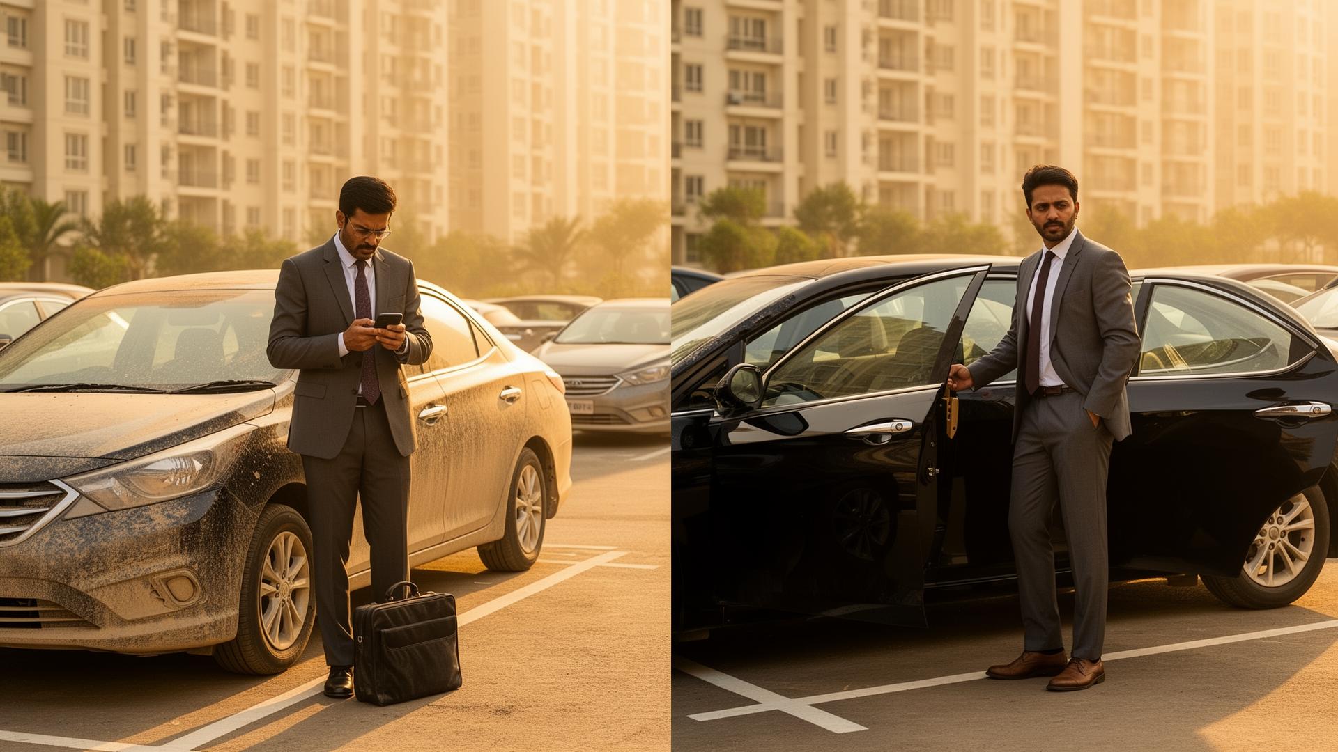 Frustrated resident with dusty car vs same resident leaving in a clean car
