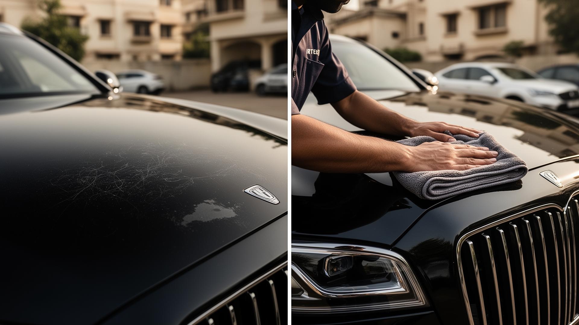 Swirl marks on car paint vs professional carefully wiping a premium SUV